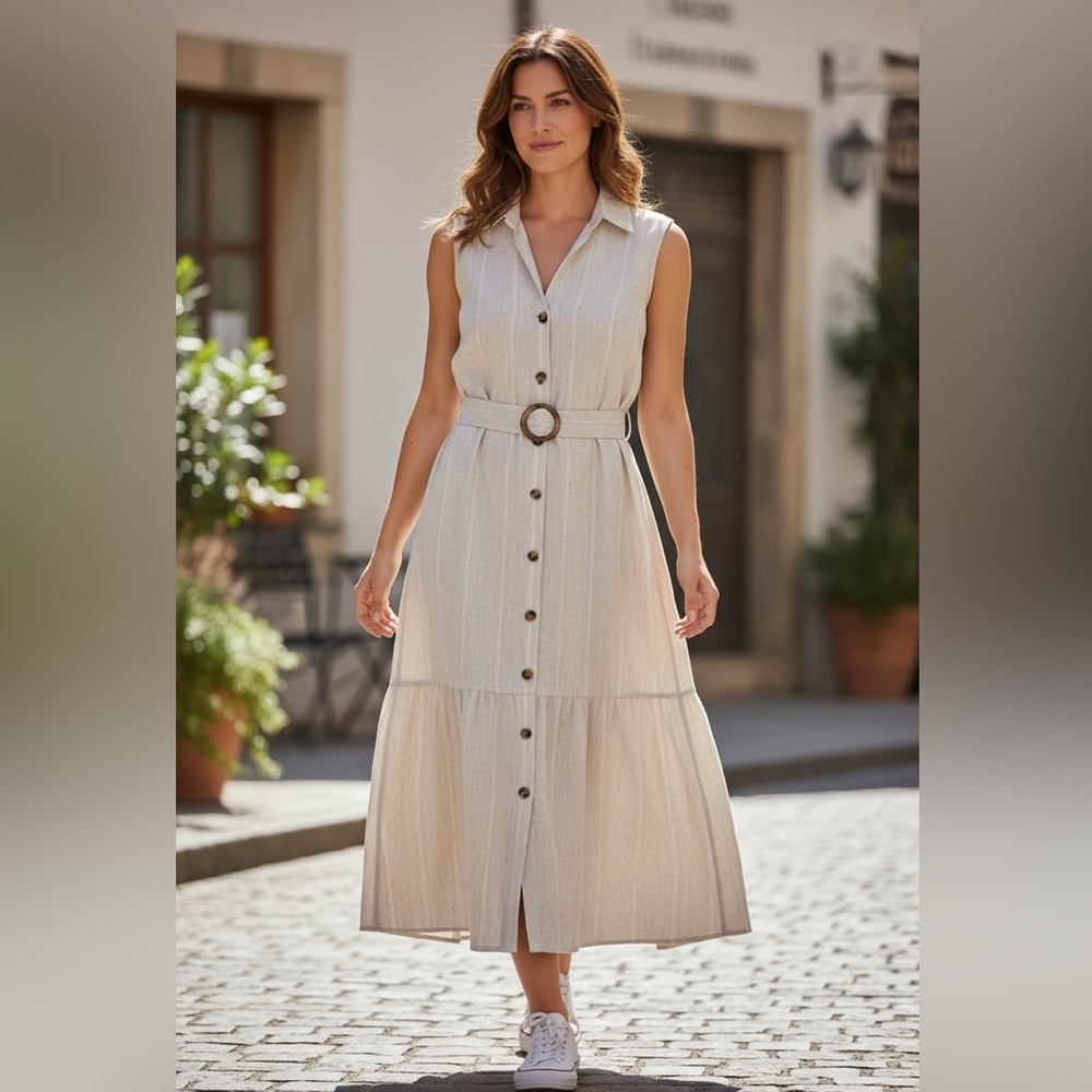 Falls Creek Beige Sleeveless Midi Dress with fine white pinstripes.